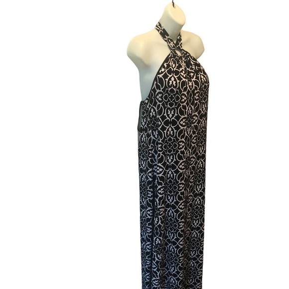Y2K WHBM Keyhole Halter Top Maxi Dress M Black White Damask Print Slinky Summer - Picture 5 of 8